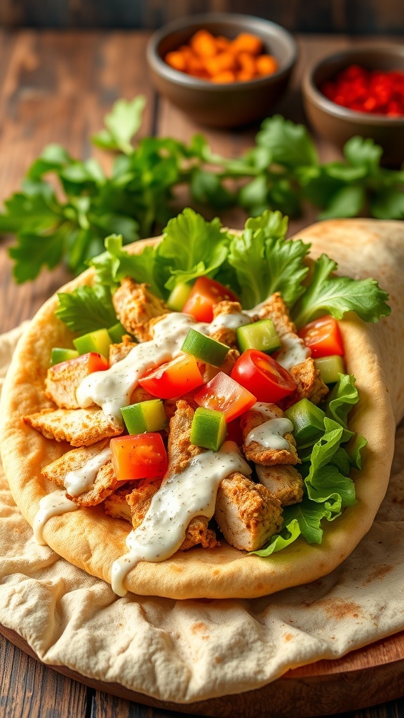 Chicken Shawarma in Pita Bread Recipe Chicken shawarma wrap in pita bread with lettuce, tomatoes, cucumbers, and tahini sauce.